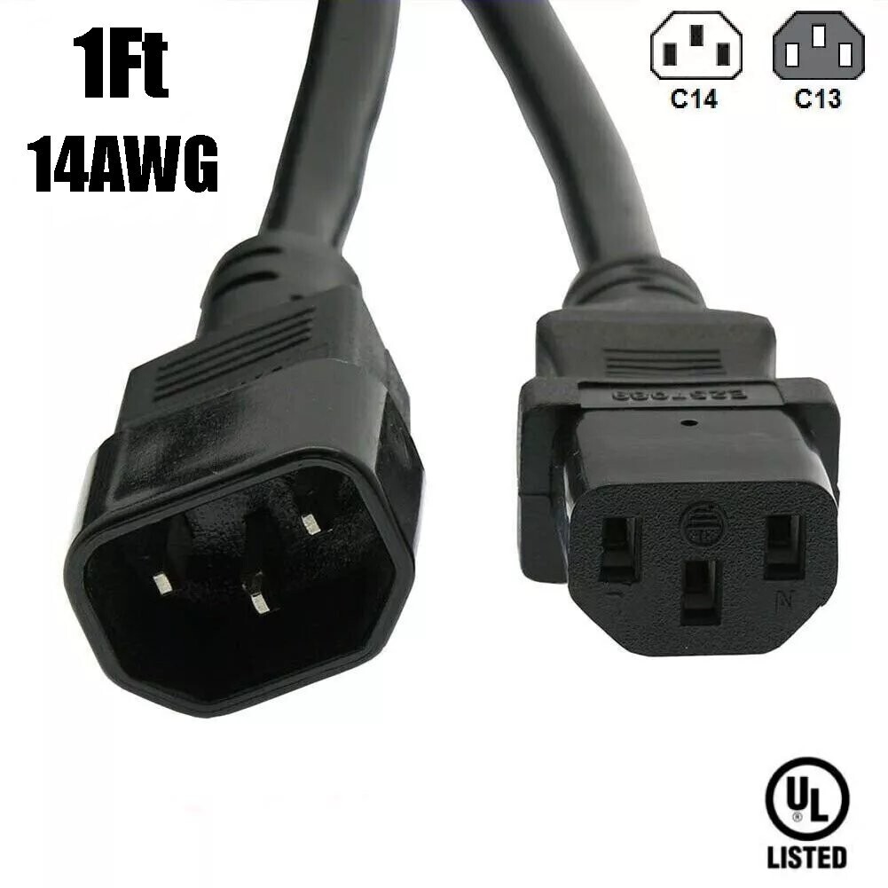 1FT 14AWG Power Cord Extension C13 to C14 IEC 320 3-Prong 14/3 Cable 125V 15A UL
