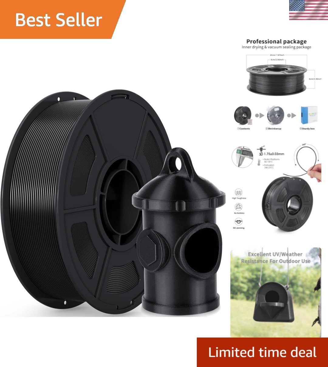 ASA Filament 1.75mm Black 1KG, UV & Weather Resistant 3D Printer Filament Per...