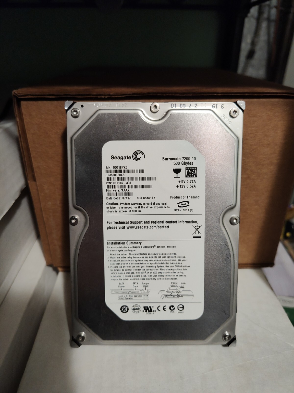 Seagate ST3500630AS 500GB 7200.10 3.5" SATA 9BJ146 3.AAE WU Hard Drive Item #032