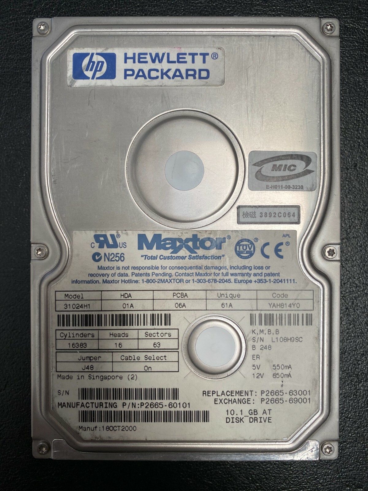 Maxtor 31024H1 HEWLETT PACKARD (HP) P2665-60101 10.1GB 7200 RPM IDE HDD TESTED