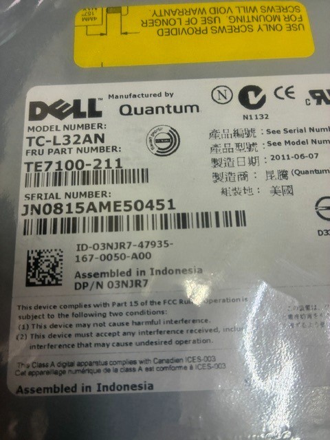 Dell G776M 0G776M Quantum TC-L32AN TE7100-211 Ultrium3 LTO3 SAS Internal Drive