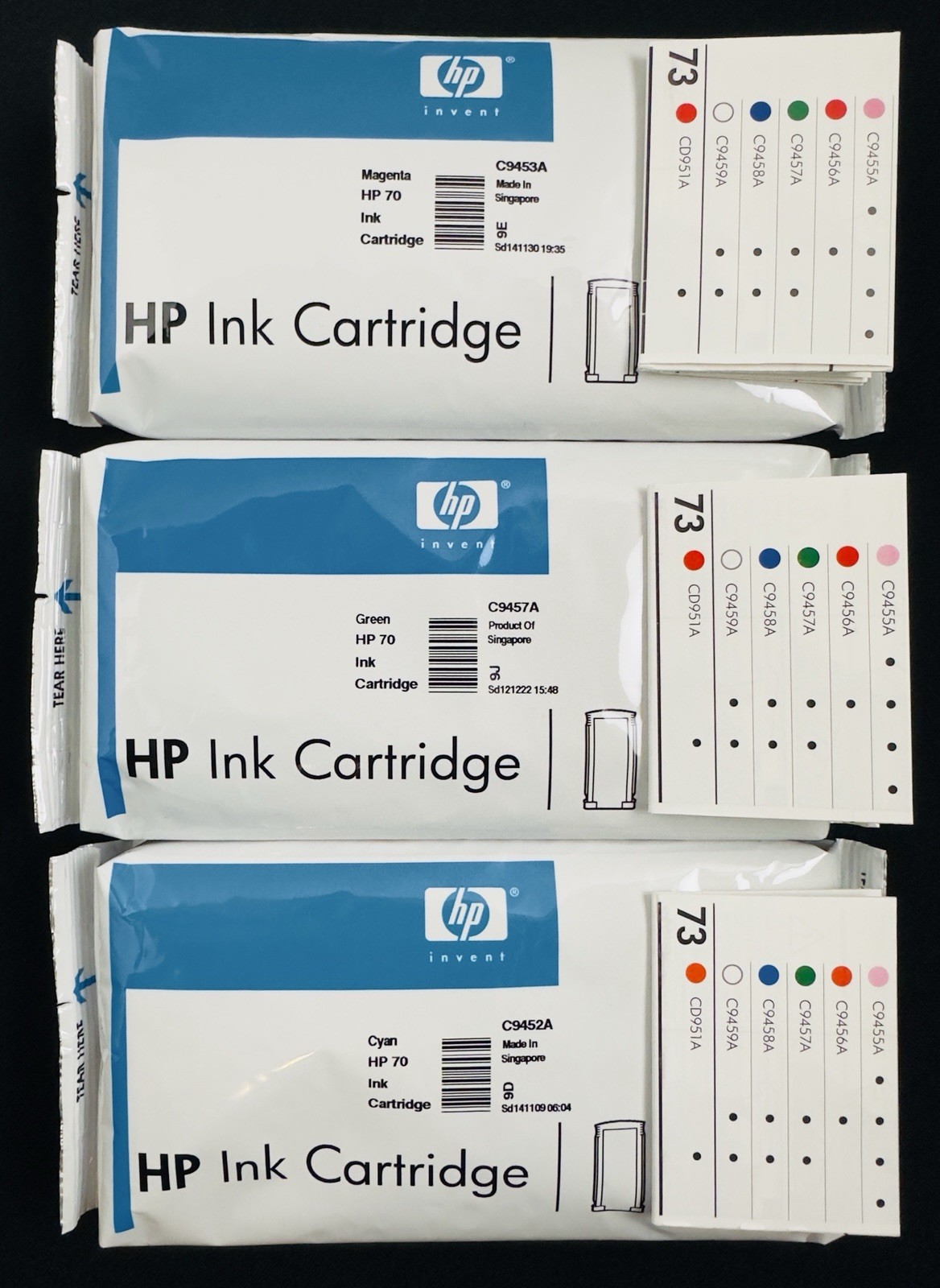 Lot Of 3- HP 70 ( C9452A - C9457A - C9453A ) Cyan / Green / Magenta - No Box