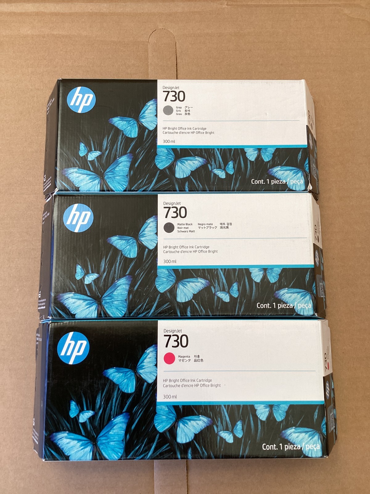 NEW Lot of 3, Genuine HP DesignJet 730 G/MBK/M Ink  P2V69A/71A/72A Exp: 2027/28