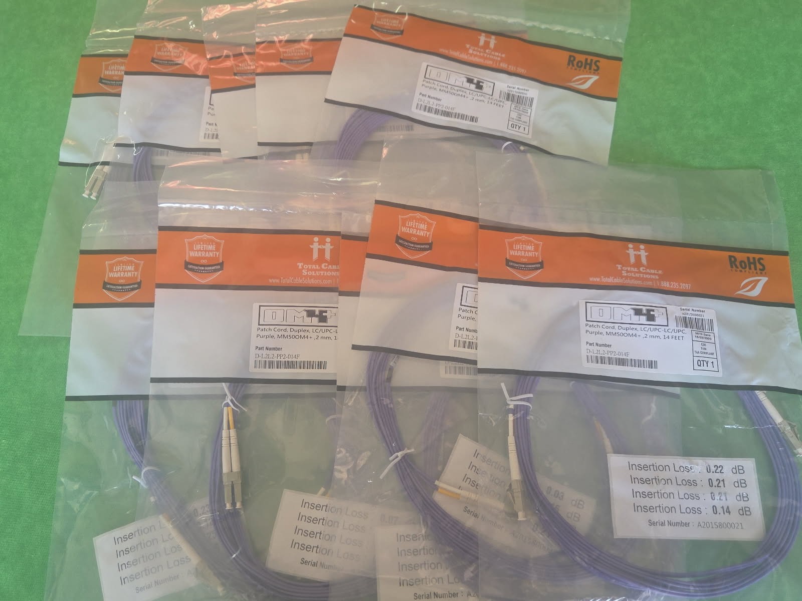 OM4 LC/UPC- LC/UPC Fiber Patch MM Duplex Purple 50/125  14 FT LOT OF 10 PCS NEW