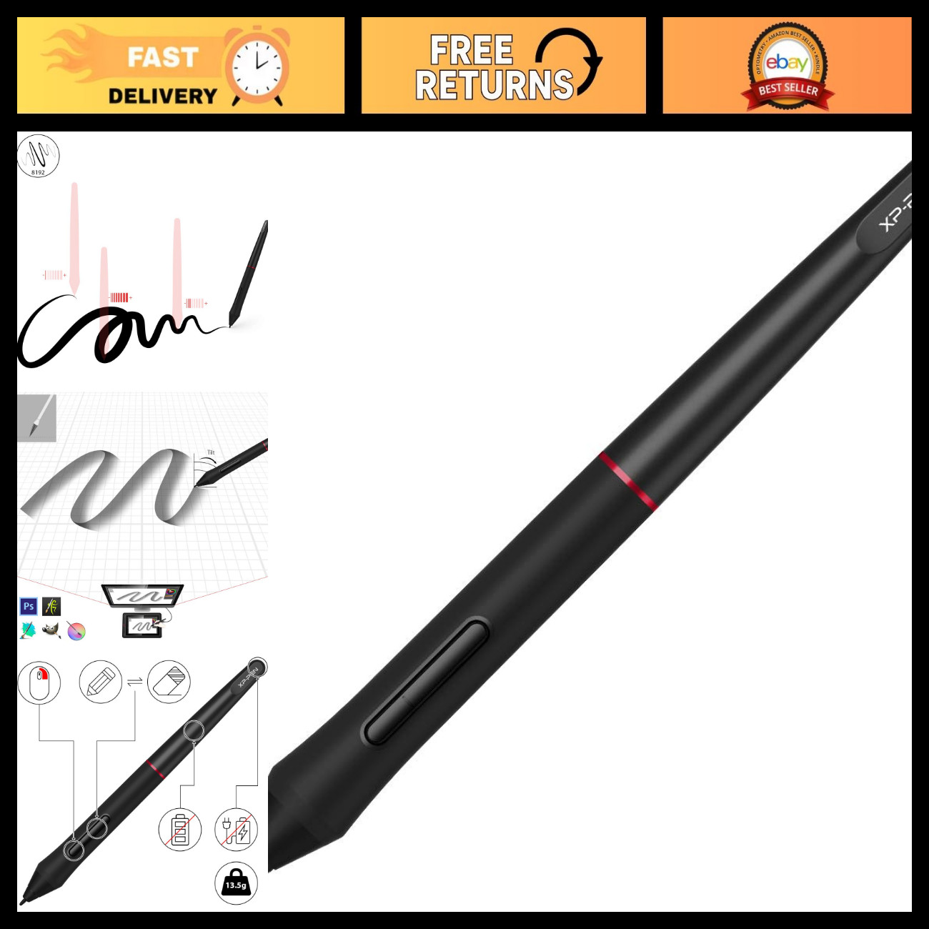 Battery-Free 8192 Pressure Stylus for Artist 12/13.3/15.6/22R/24 Pro Tablets