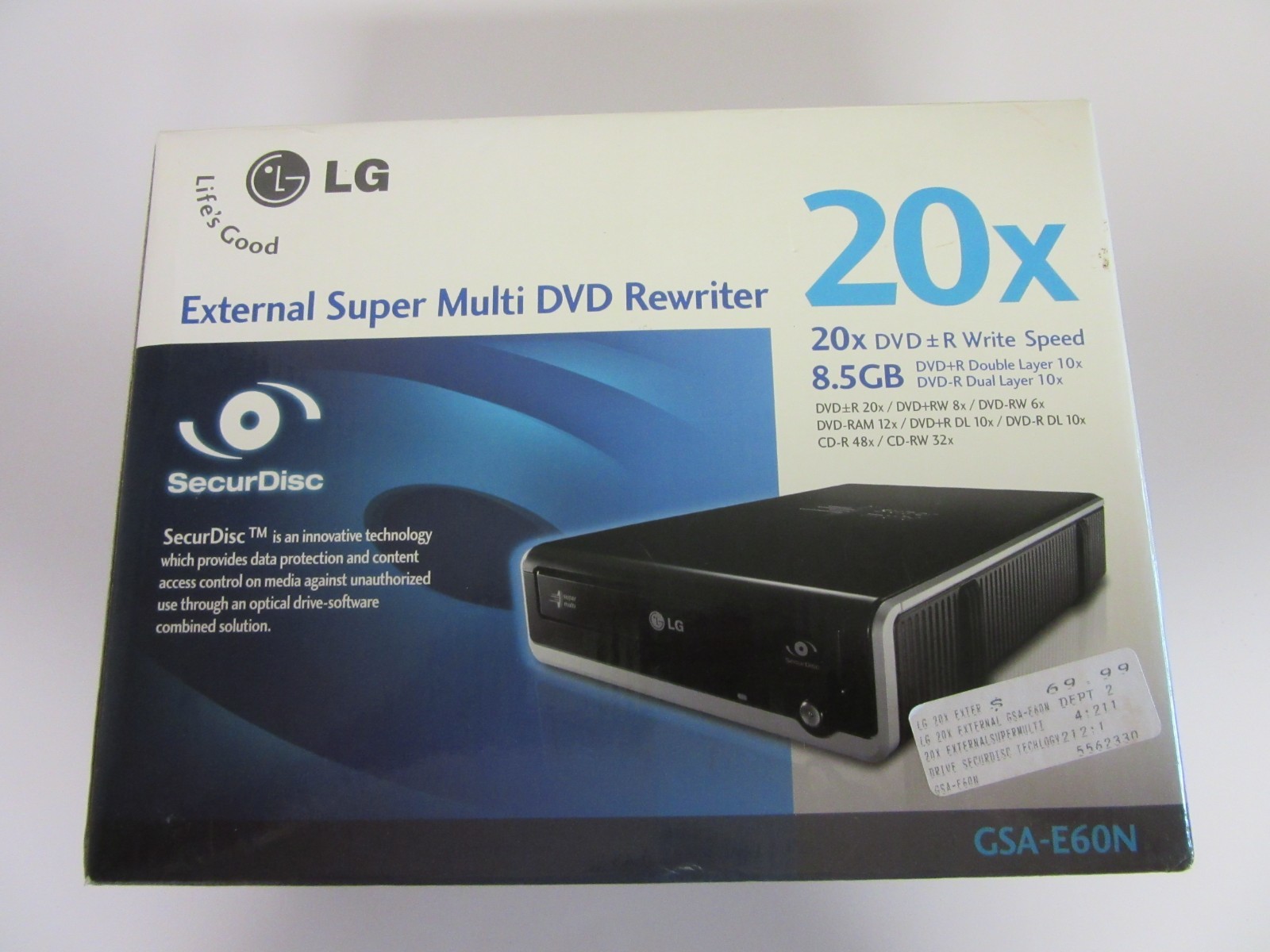 LG External Super Multi DVD Rewriter 8.5GB 20X Write Speed GSA-E60N Used
