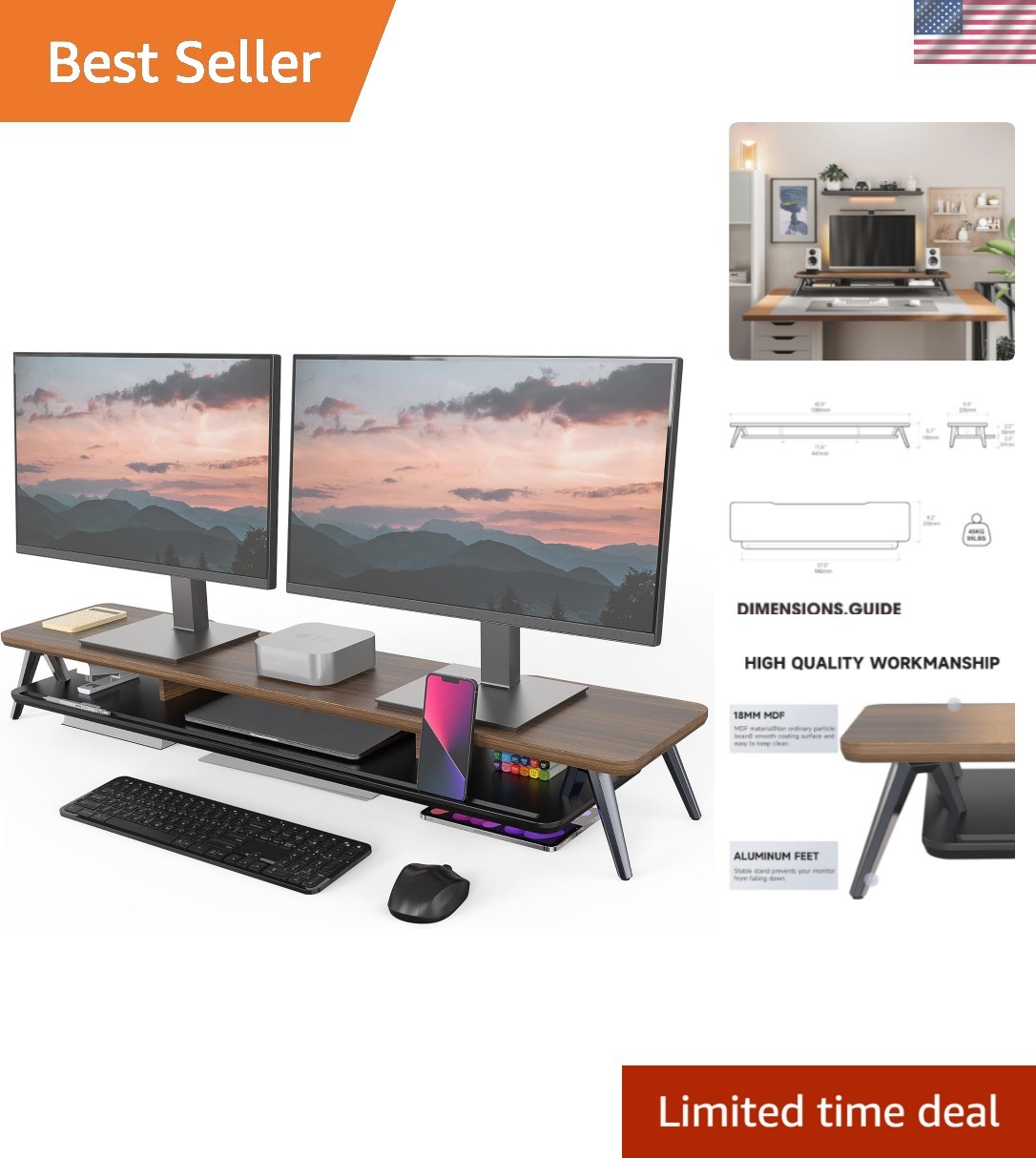Dual Monitor Stand, Monitor Stands Riser for 2 monitors, 42.5 Inch Wood Desk ...