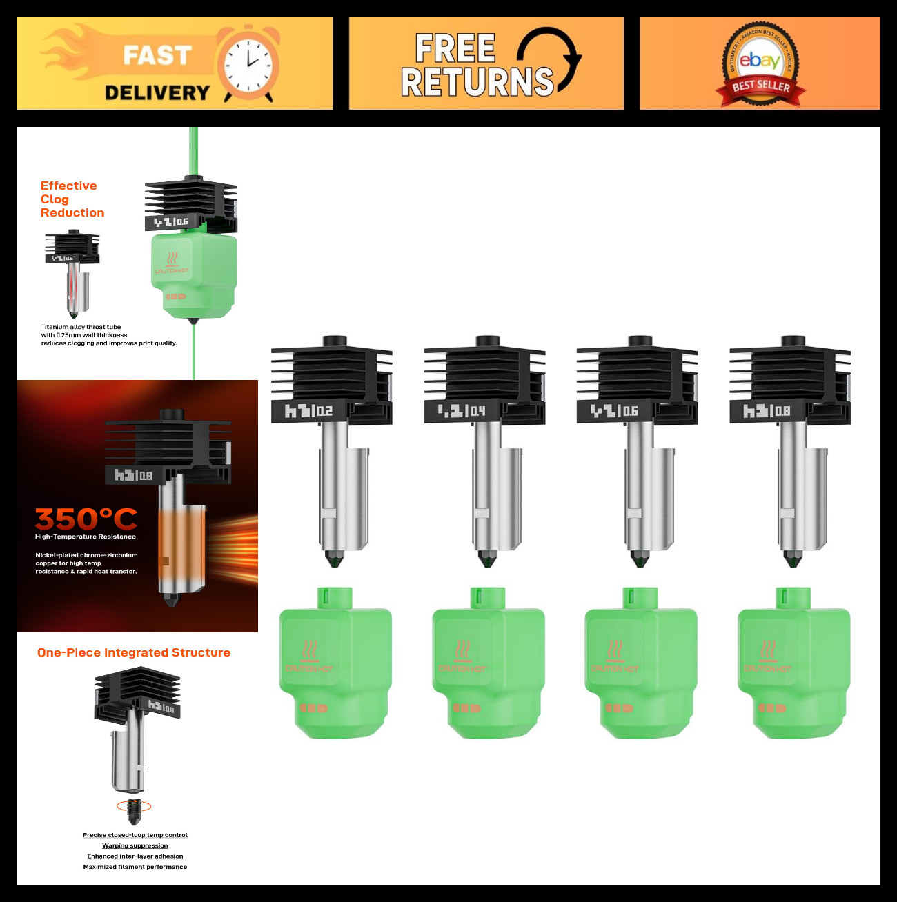 4Pcs Hotend Nozzles 0.2/0.4/0.6/0.8MM for 3D Printers, High Temp Hardened Steel,