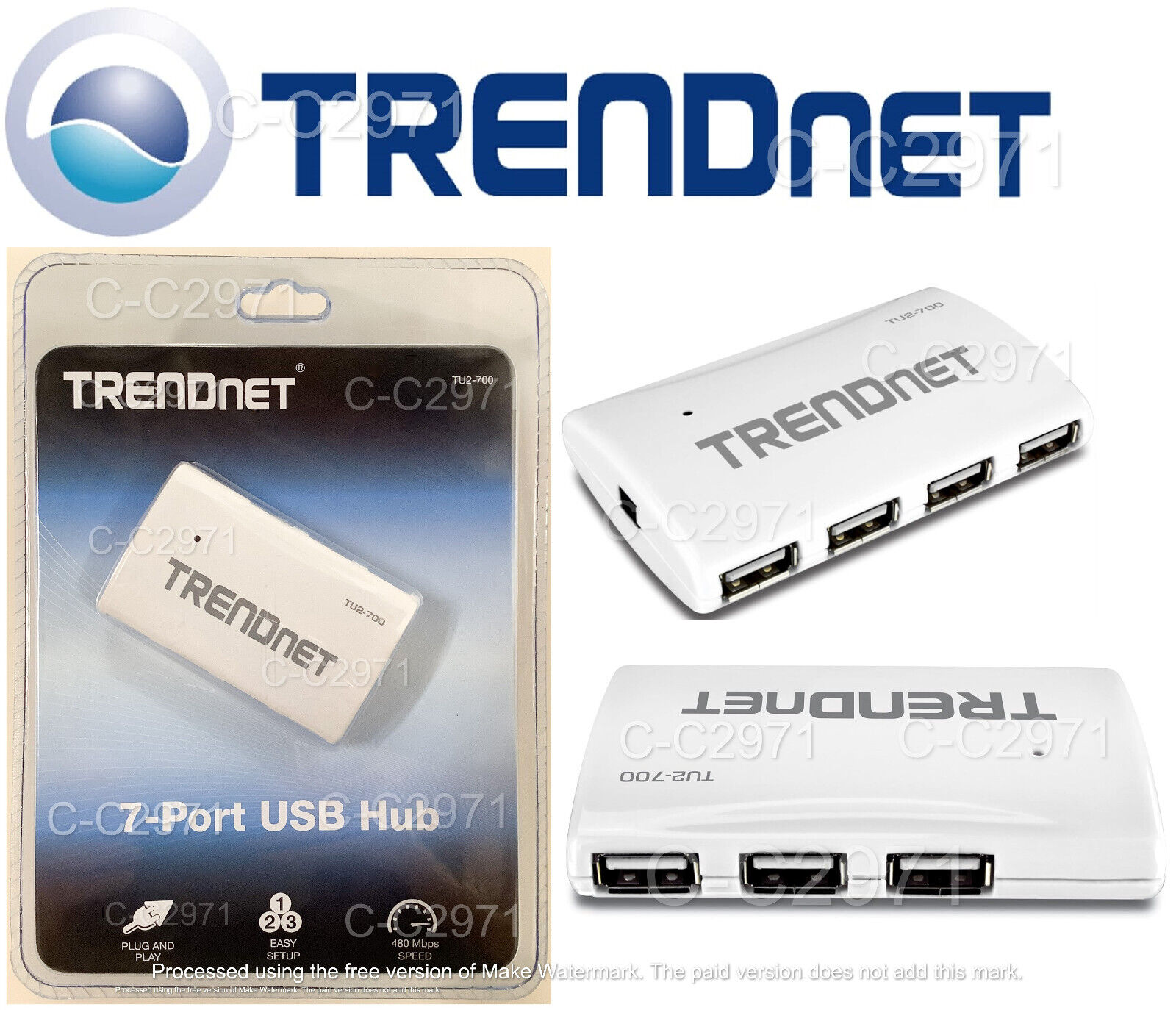 TRENDnet TU2-700 High Speed USB 2.0 7-port Hub + Power adapter NEW