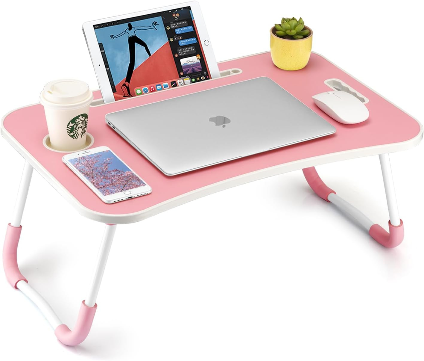 Foldable Laptop Table Lap Desk Bed Tray with Cup Holder Tablet Slot Pink