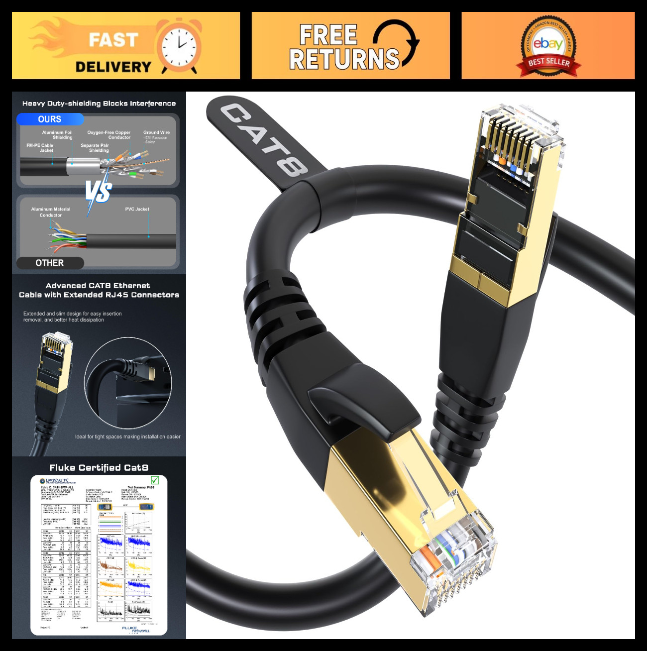 High-Speed Cat 8 Ethernet Cable 40Gbps 2000MHz, 30FT, Heavy-Duty, Weatherproof,