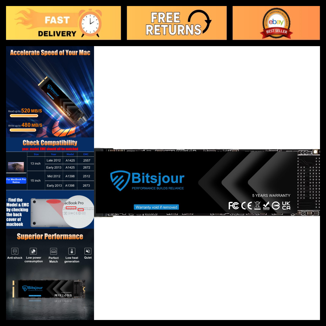 256GB Internal SSD Upgrade for MacBook Pro Retina 13"/15" Late 2012-2013, macOS