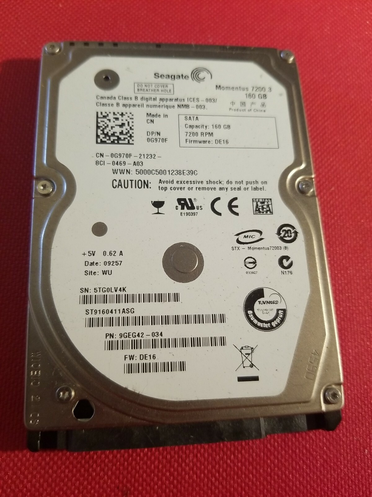 Seagate Momentus 7200.3 160GB Hard Drive SATA DE16 ST9160411ASG 9GEG42-034 HD LT