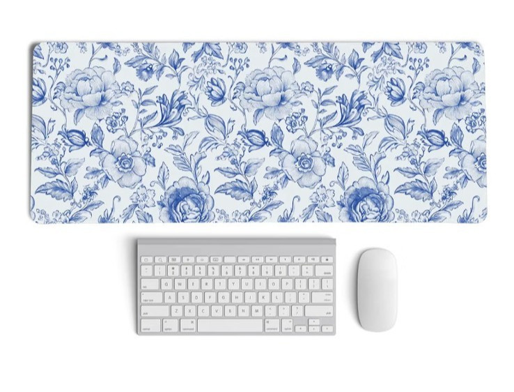 Chinoiserie X-Large Floral Desk Mat Preppy Blue White Mouse Pad