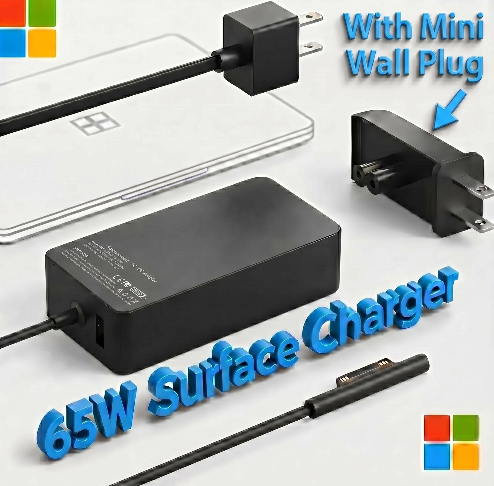 65W Microsoft  Surface Pro charger With Mini Wall Plug, 6FT Power Cord