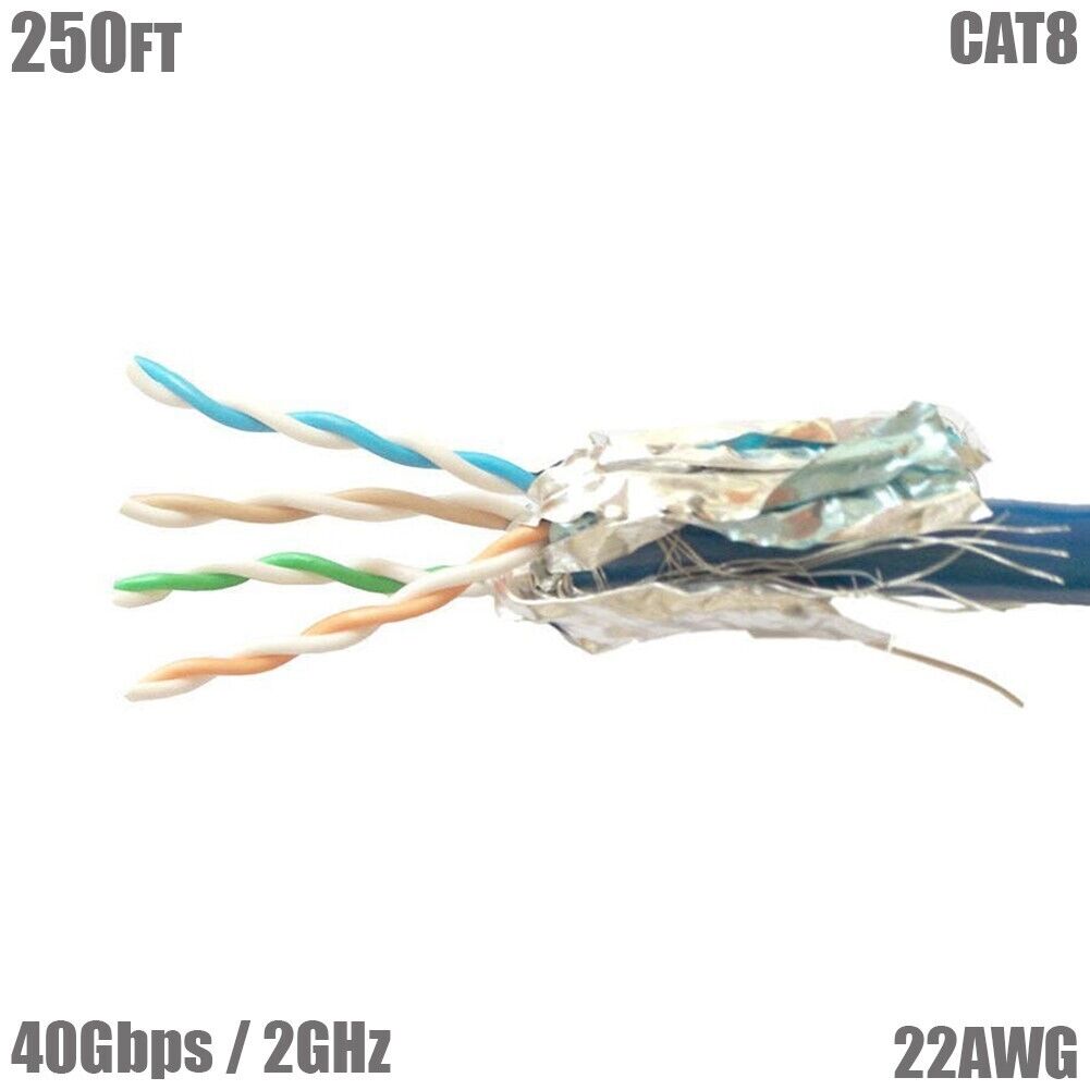 250FT CAT8 Network Ethernet Cable S/FTP CMR 40G 2GHz Solid Copper Wire Blue