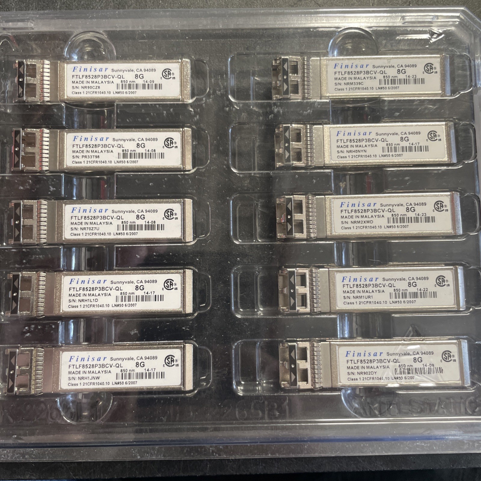 Lot of 10 Finisar FTLF8528P3BCV-QL 8Gb Fibre Channel SFP+ Transceivers