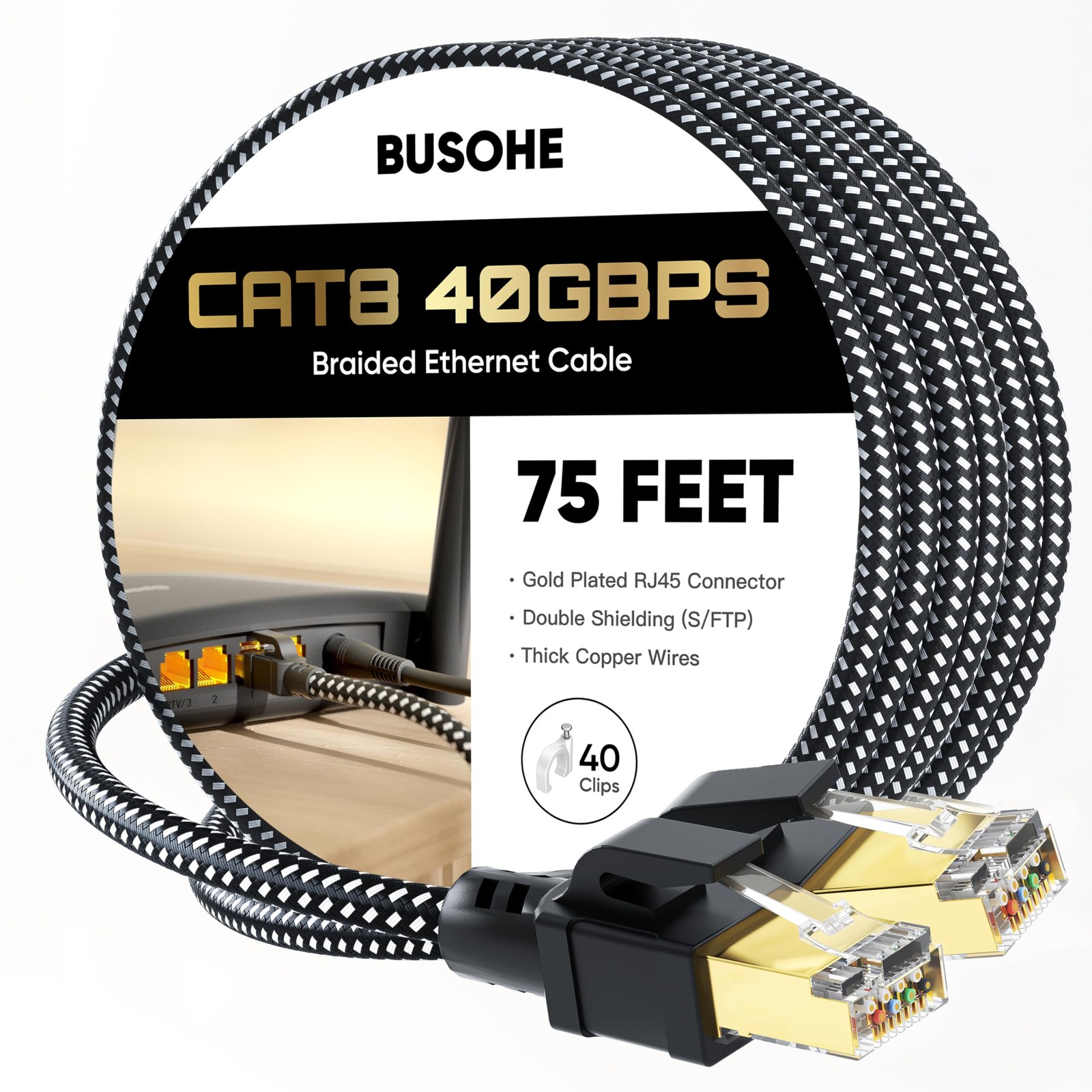75 FT Cat 8 Ethernet Cable 40Gbps 2000Mhz Braided Network RJ45 40 PCS Clips