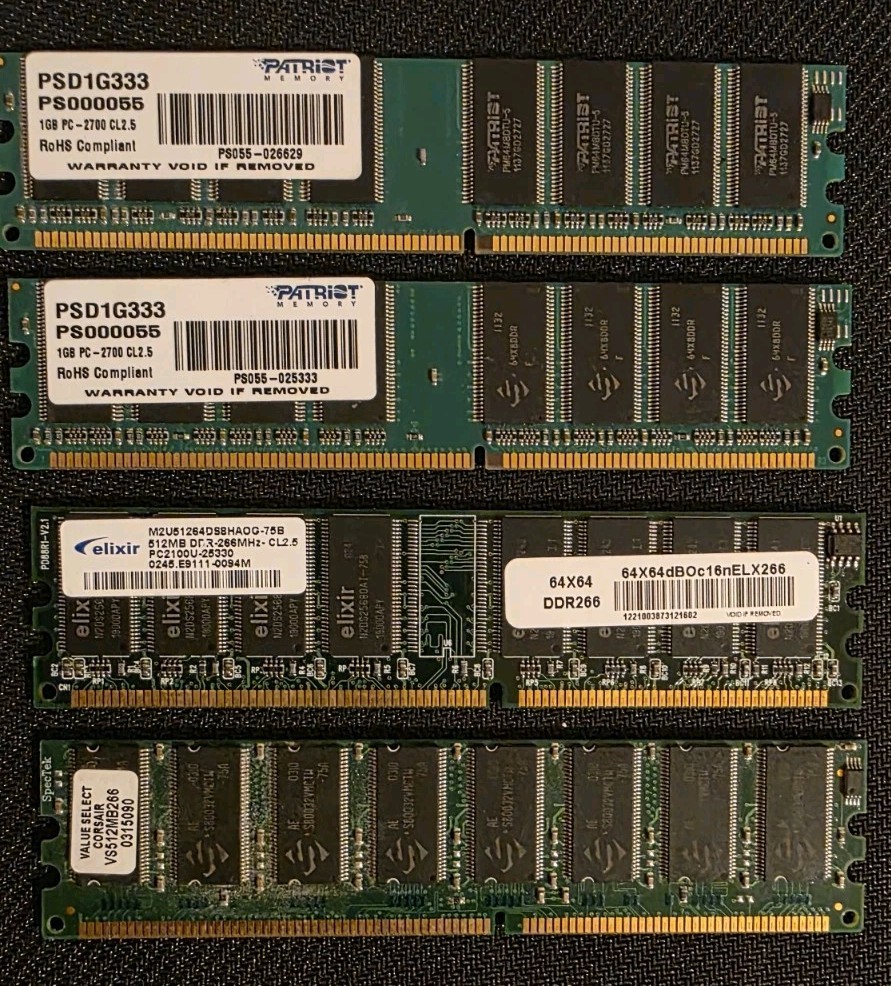 Lot of 4 DDR Desktop RAM 3GB Total 2x Patriot 1GB PC2700 Corsair Elixir DDR1 