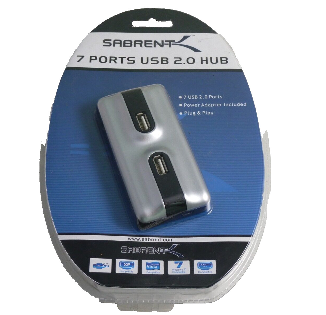 NEW UNOPENED Sabrent 7 Ports UB 2.0 Hub with power ac adapter silver