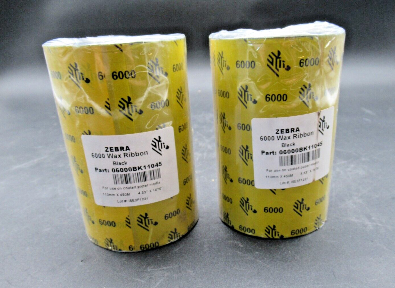 Zebra 4.33" x 1476' 6000 Thermal Wax Ribbons 06000BK11045 Genuine *2 ROLLS*