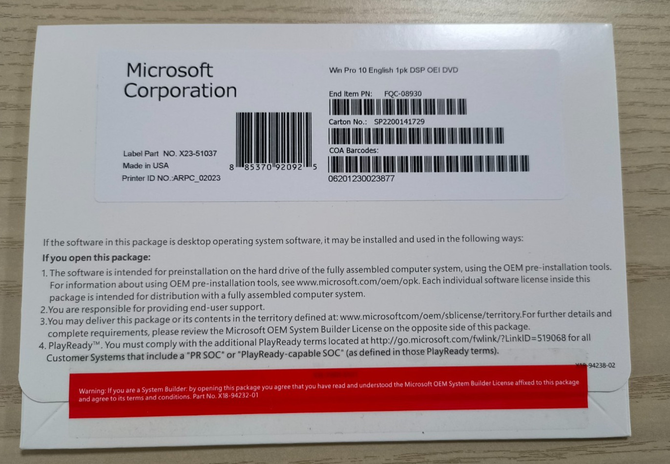Win 10 Pro 64 bit DVD with Product License Key New Sealed & 