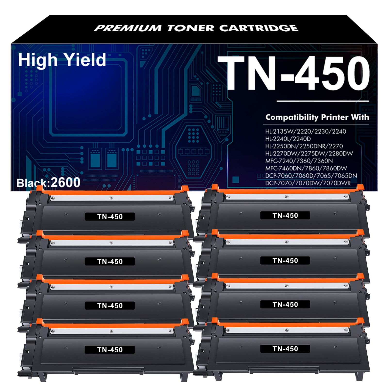 8PK Black TN450 TN420 Toner for Brother HL-2250DN HL-2270DW HL-2275DW MFC-7360N