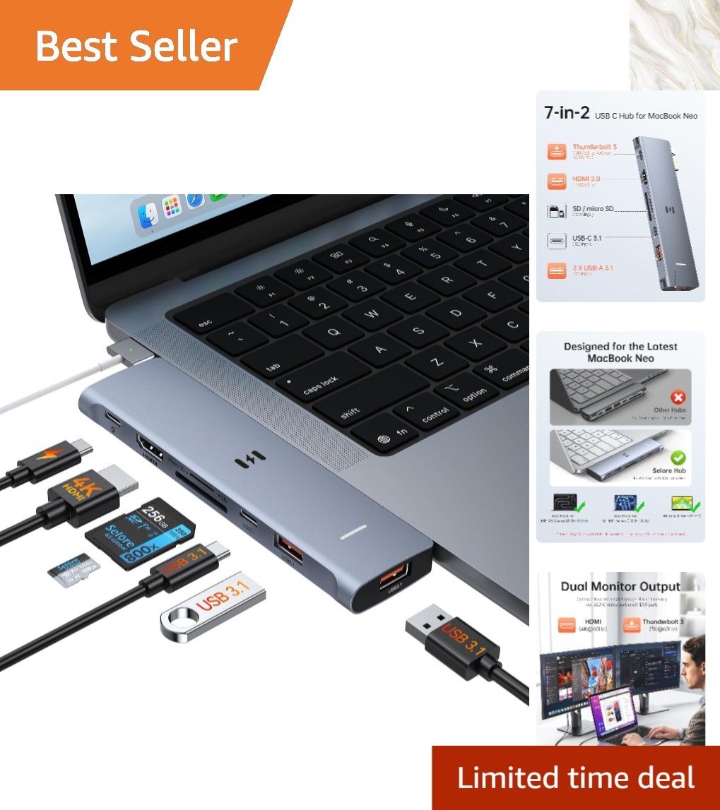 Sleek USB C Multiport Hub for MacBook Neo/Air/Pro - Efficient Data & Power