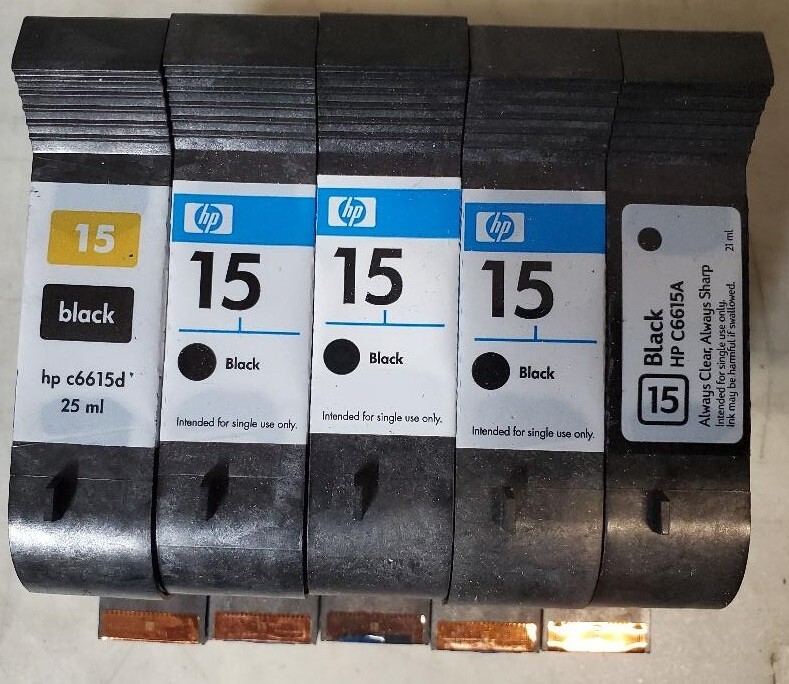 5 Total Genuine UNUSED HP 15 Inkjet Cartridges C6615A NO BOX Tape Seal Intact