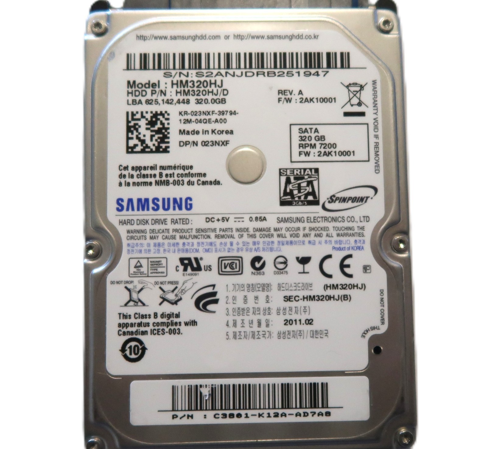 Samsung HM320HJ HM320HJ/D C3801-K12A-AD7AB Korea 2.5" 320gb Sata HDD 2011.02