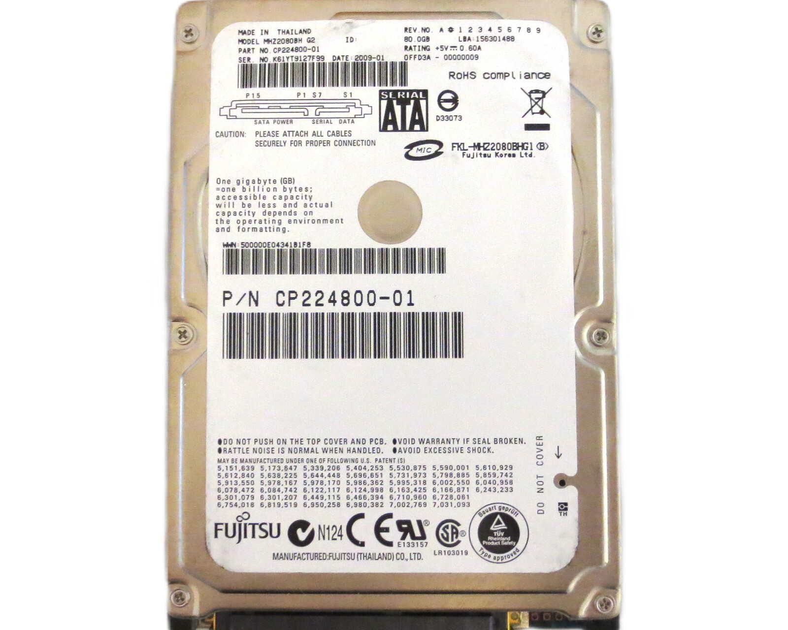 Fujitsu MHZ2080BH G2 CP224800-01 0FFD3A-00000009 (K61) Thailand 80gb 2009-01