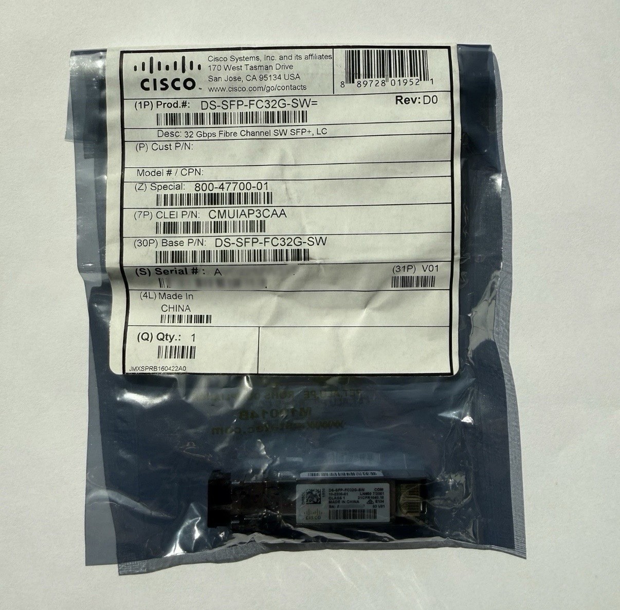 DS-SFP-FC32G-SW Original CISCO 32 Gbps Fibre Channel SW SFP+, LC Transceiver