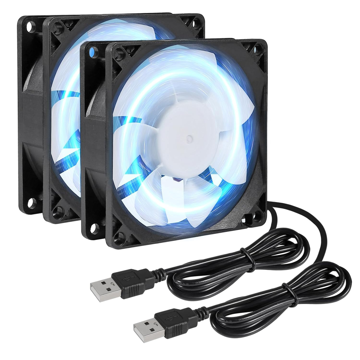 2Pcs 80Mm/3.15Inch DC 5V Computer Case Fan 80X80X25Mm USB 8025 Blue LED Power