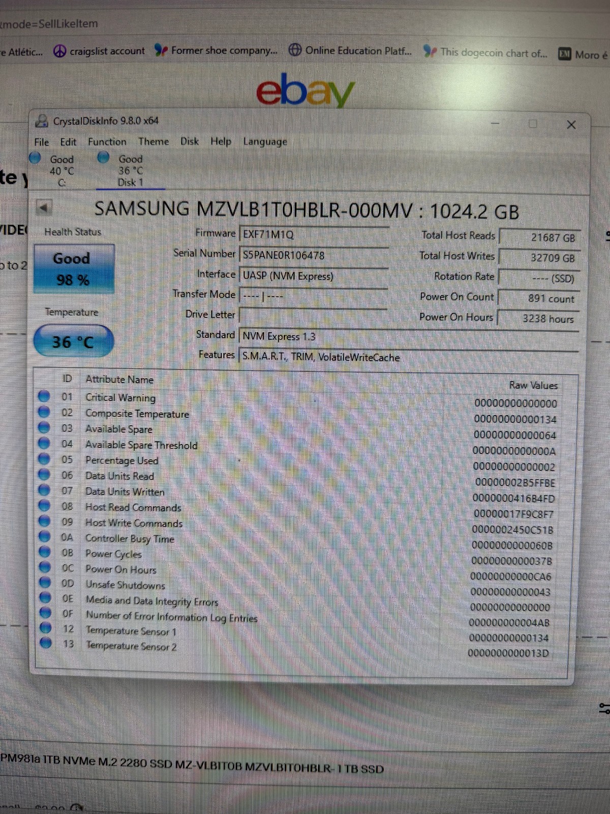 SAMSUNG PM981a 1TB NVMe M.2 2280 SSD MZ-VLB1T0B MZVLB1T0HBLR- 1 TB SSD