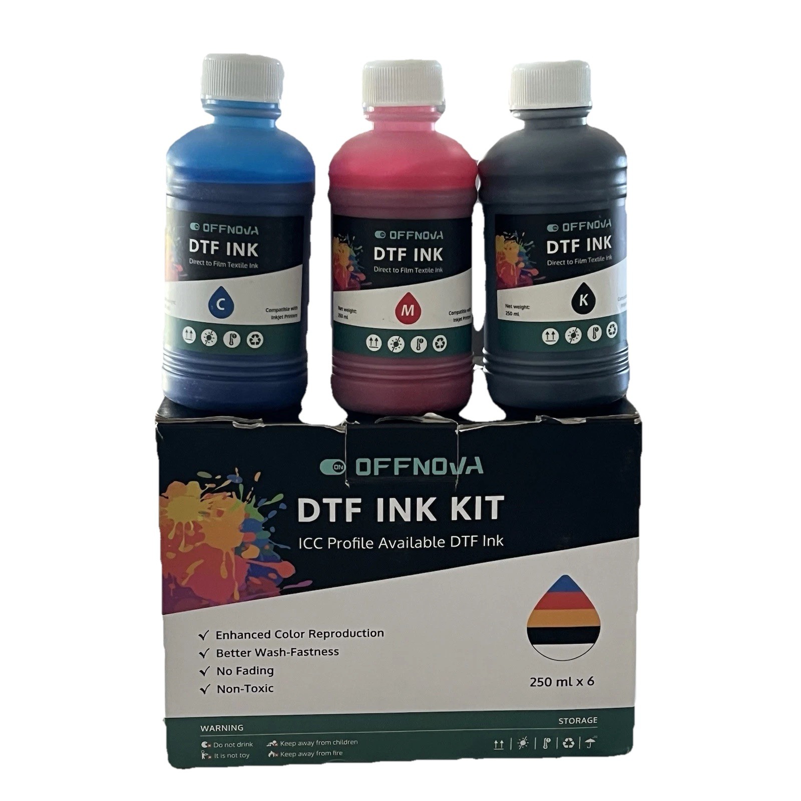 OFFNOVA 3 X 250ML Bottles DTF INK SET  K,  C & M Ink for Inkjet Printers Sealed