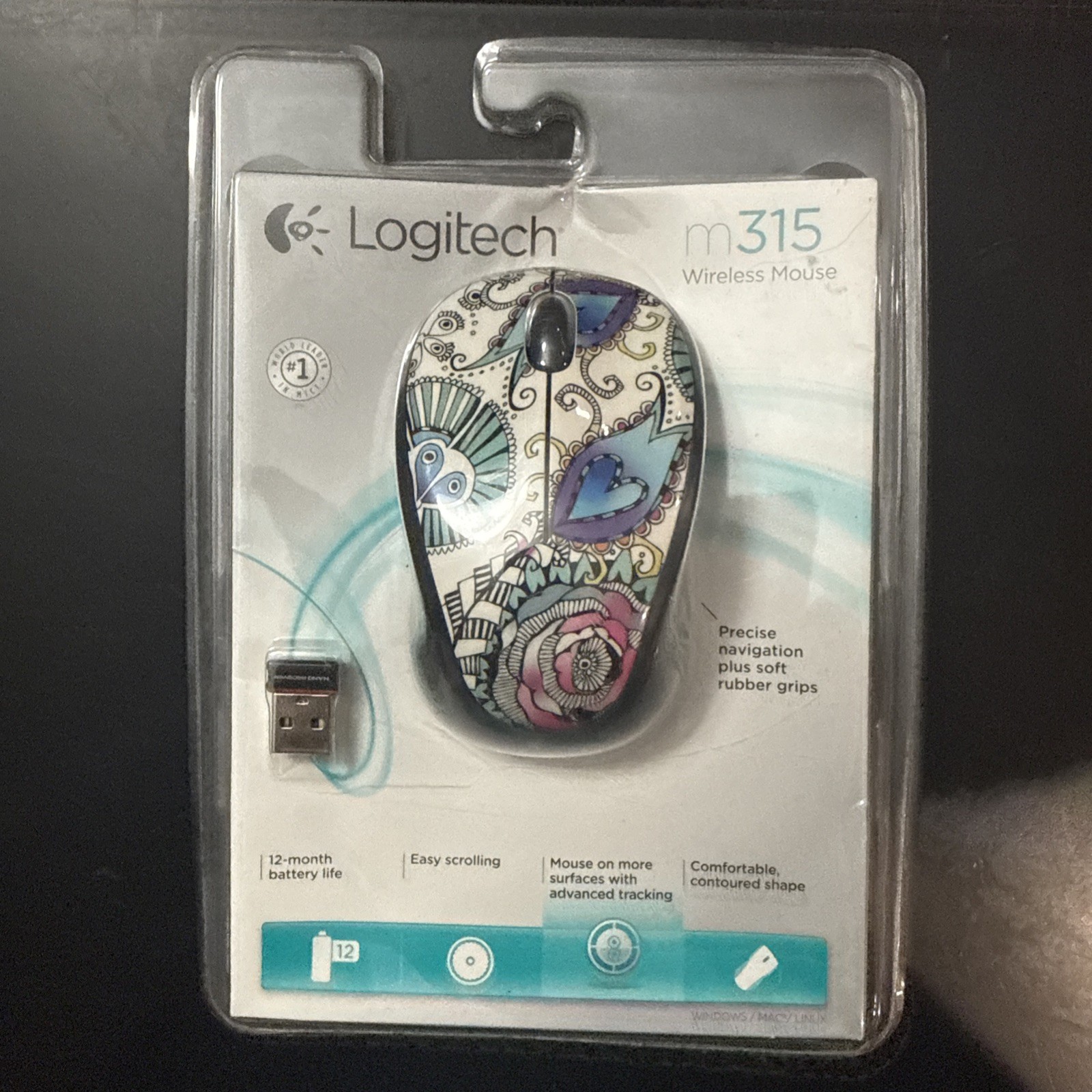 Logitech M315 Wireless Mouse Purple Global Graffiti Collection Artsy Floral NEW