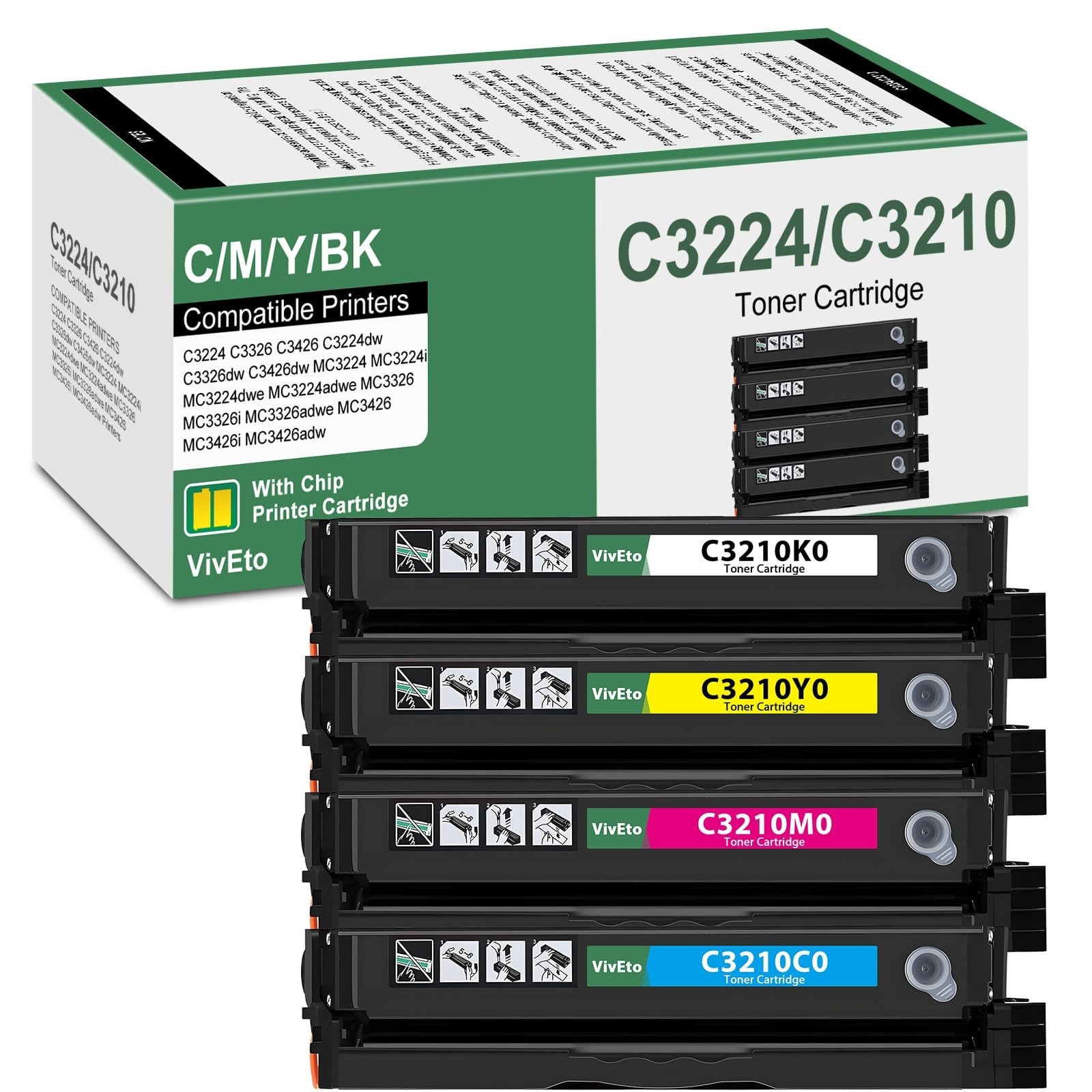C3426 C3210 C3224 Toner Cartridge New Chip Replacement Lexmark Printer 4 Pack 