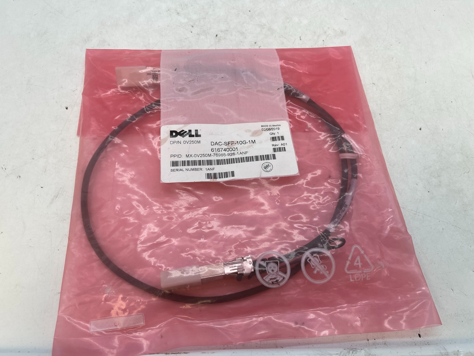 Dell 0V250M DAC-SFP-10G-1M 10GbE 1m SFP+ Direct Attach Copper Cable Sealed