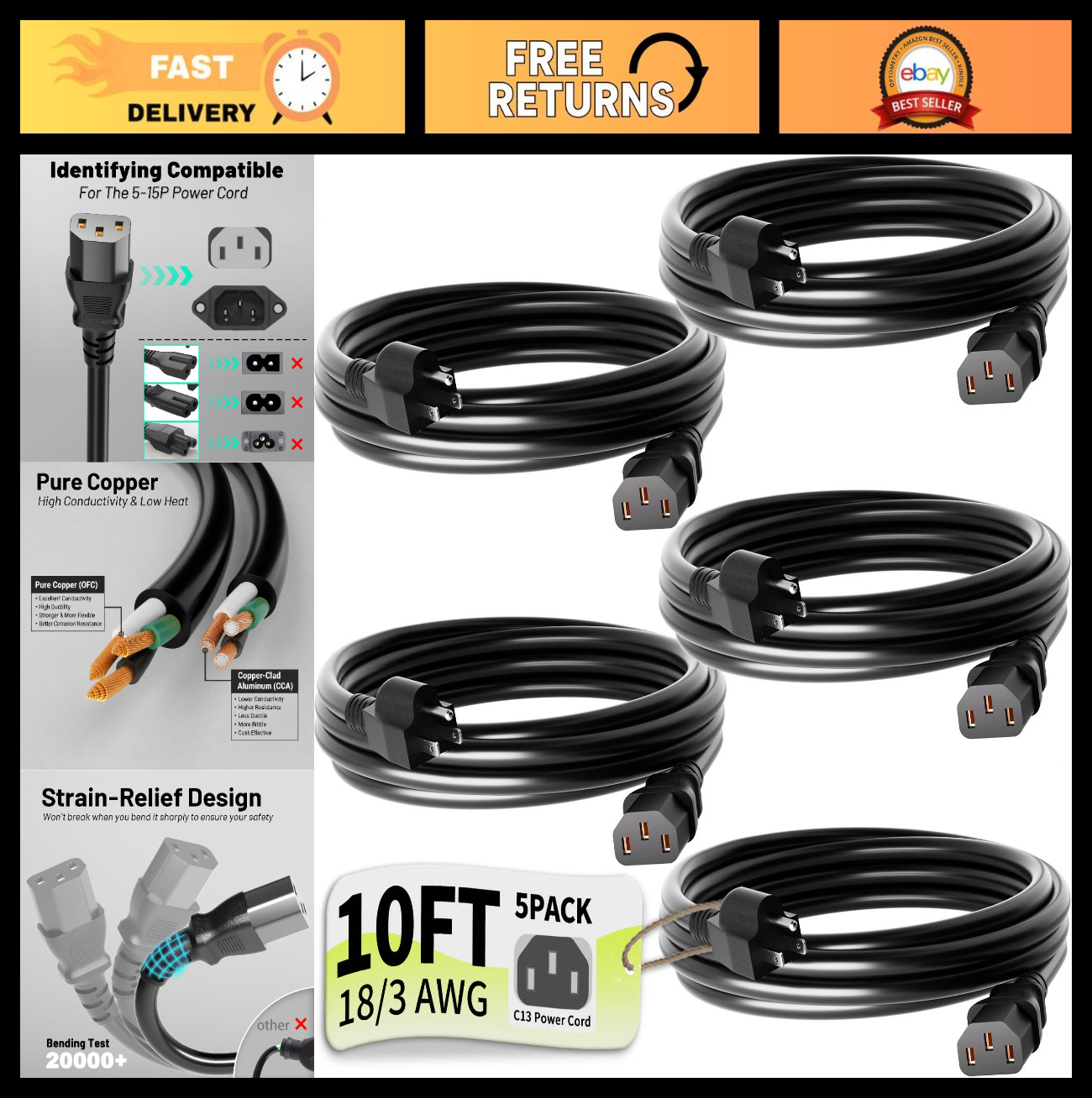 10ft Power Cord 5-Pack, 3-Prong Pure Copper, ETL Certified, Heavy Duty Black