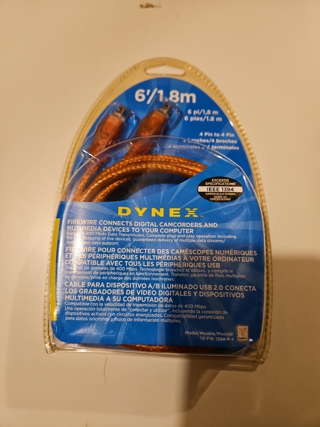 New Dynex 4-Pin to 4-Pin Firewire TE-FW1394 4-4 400 MBits Transmission Rate, 6'