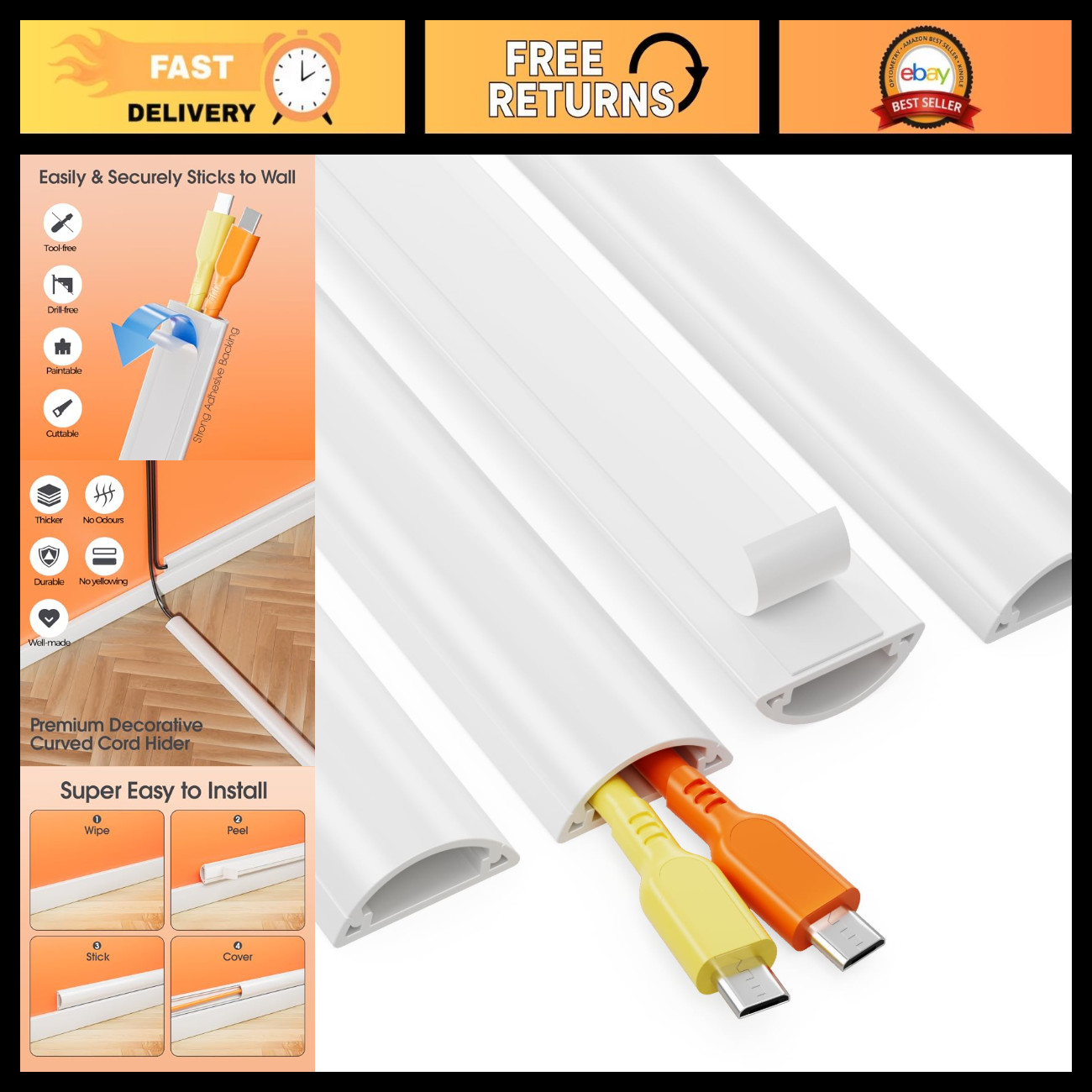 Wall Mounted TV Cord Hider, 56.7in, White Cable Management Kit, 4x L14.2in W1.18