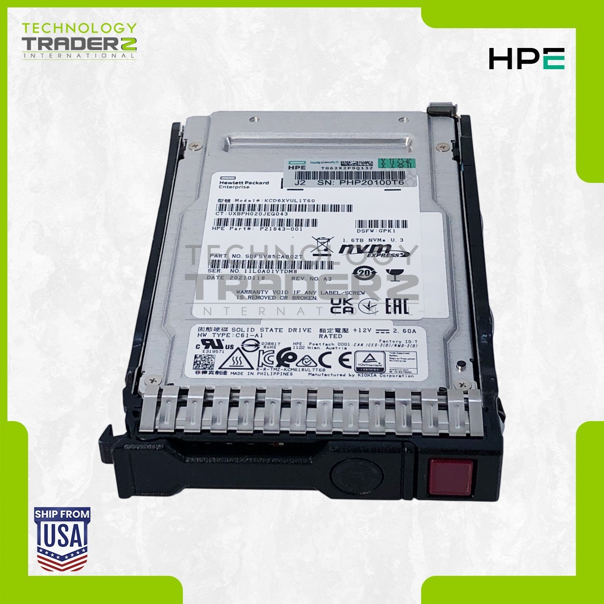 0-Hour P47820-B21 HPE 1.6TB NVME U.2 MU 2.5” SSD P21843-001 W/ Blank Tray