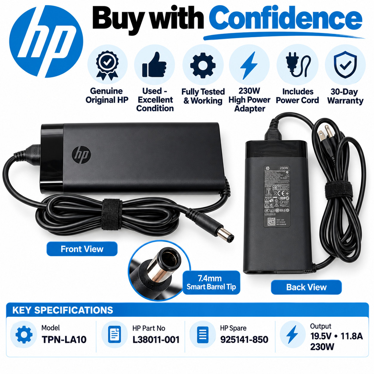 Genuine HP 230W AC Adapter Charger 19.5V 11.8A TPN-LA10 925141-850 OEM