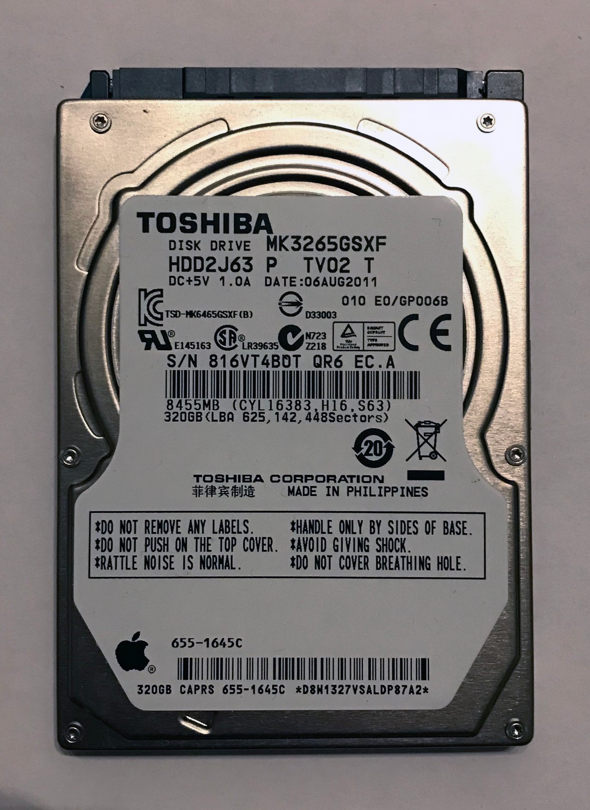 Toshiba MK3265GSXF HDD2J63 320GB 2.5" SATA II (3.0Gb/s) Laptop Hard Drive Apple