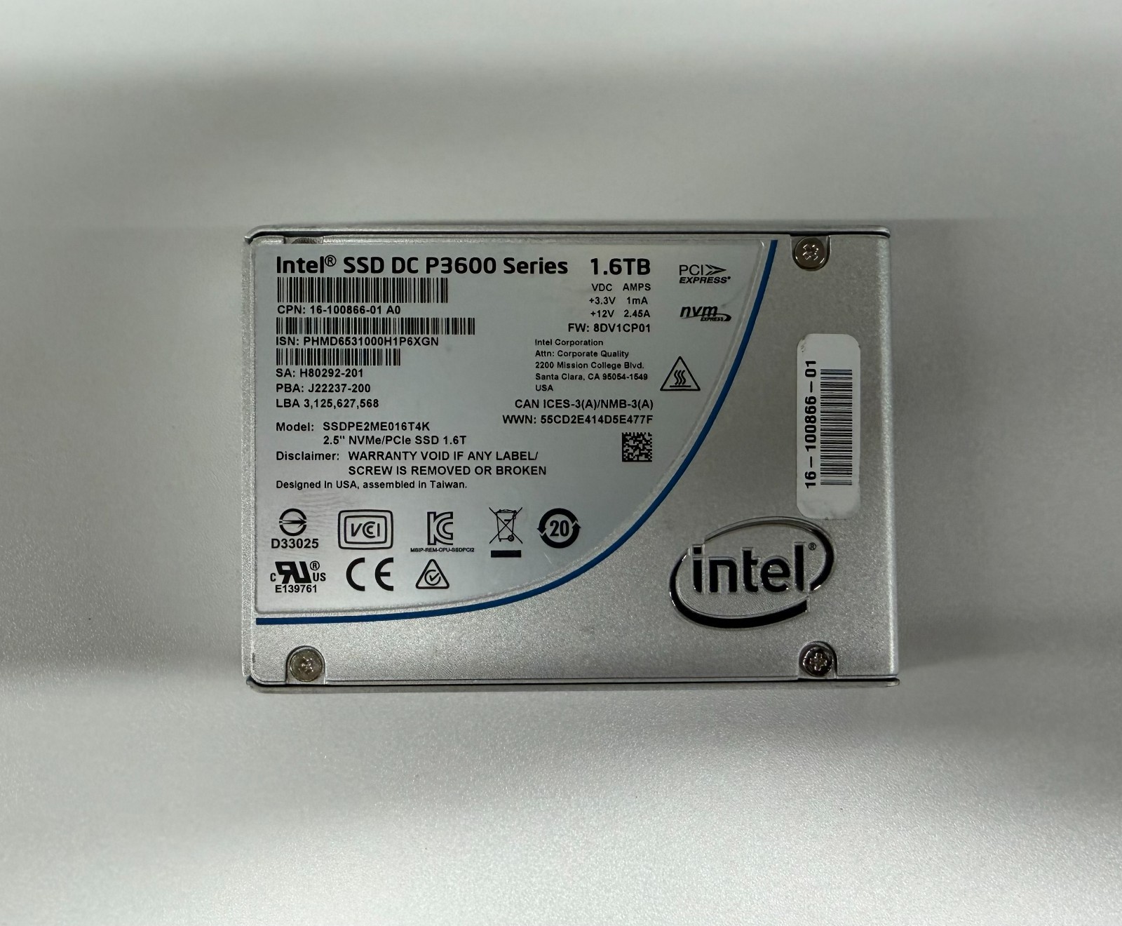 SSDPE2ME016T4K INTEL P3600 1.6TB NVME 2.5" SFF SSD SOLID STATE DRIVE