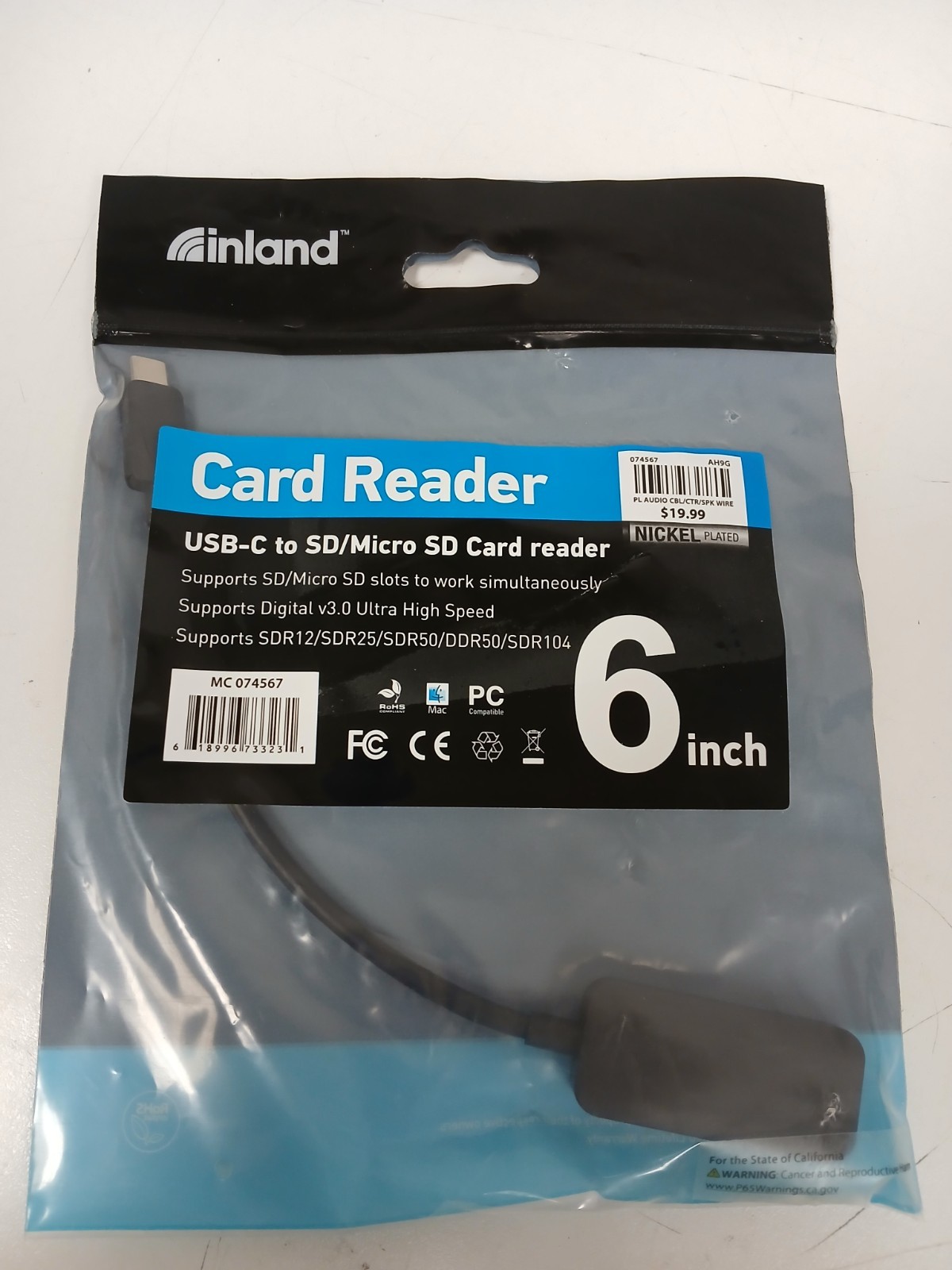 Inland USB-C to SD/Mirco SD Card Reader Nickel Plated, 6in