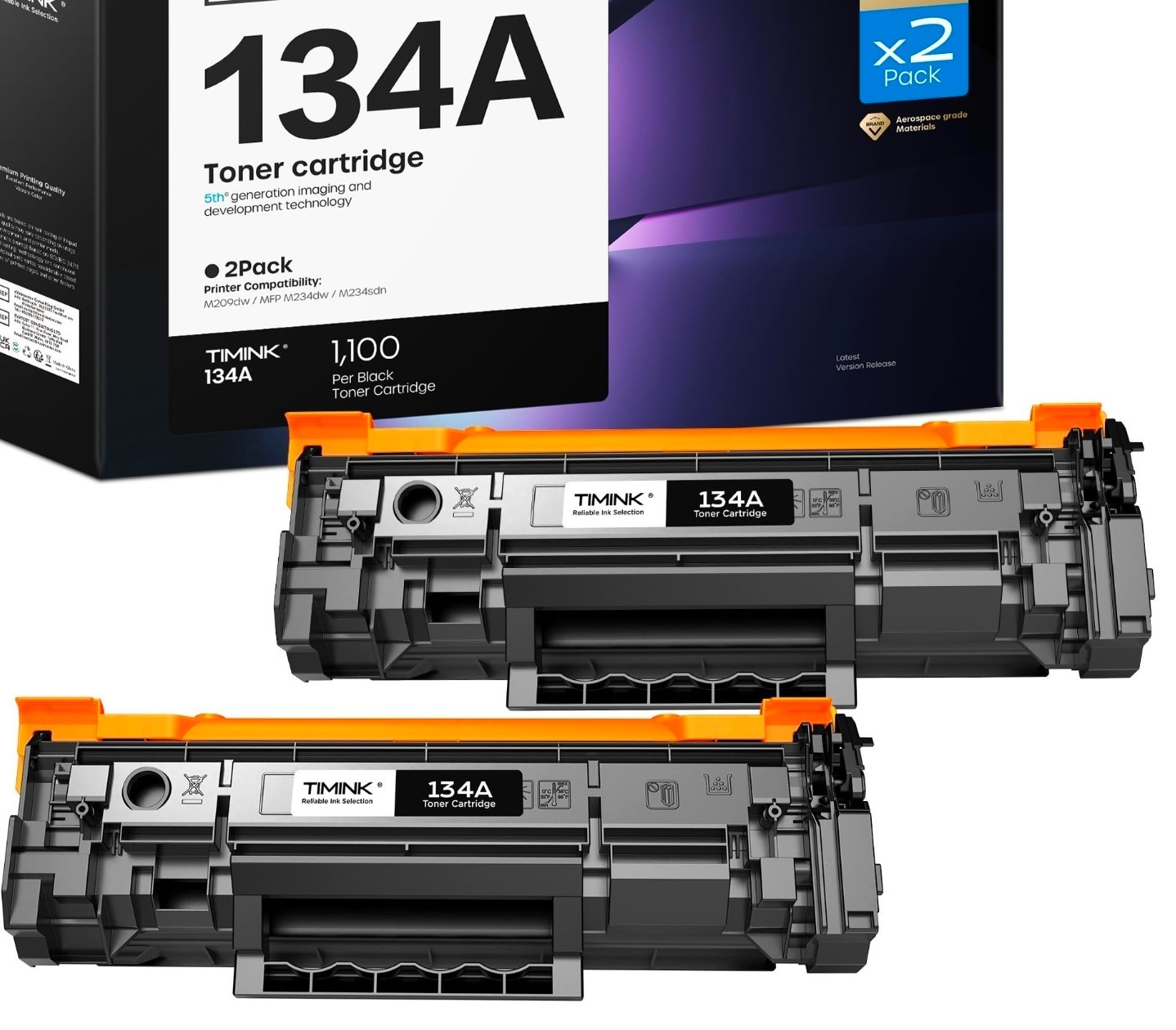 134A Black Toner Cartridge w/Chip For HP134A, W1340X, 134A (2 Pack) NOT OEM