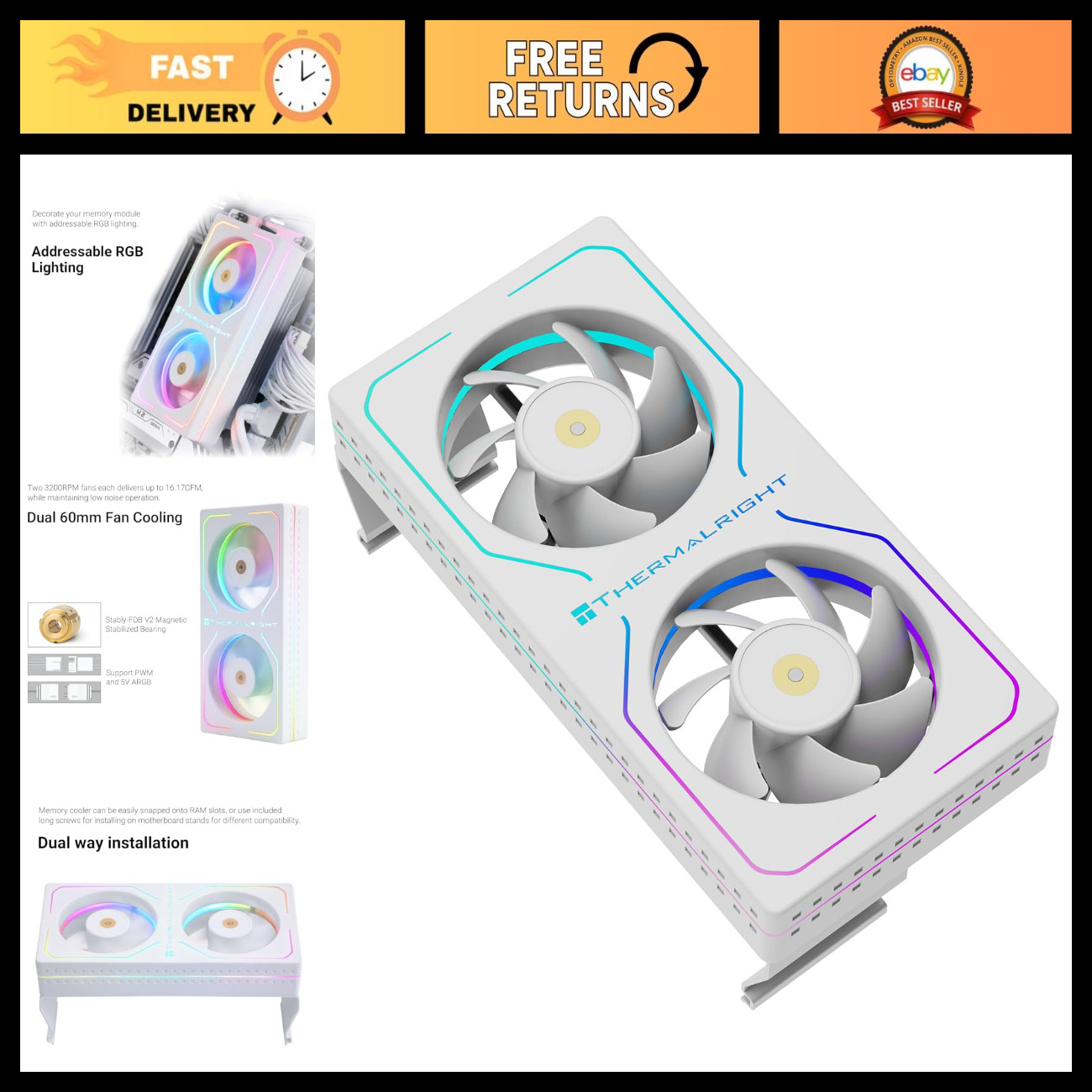 ARGB RAM Cooler with Dual 3200RPM Fans, Active Cooling, Compatible with DDR to D