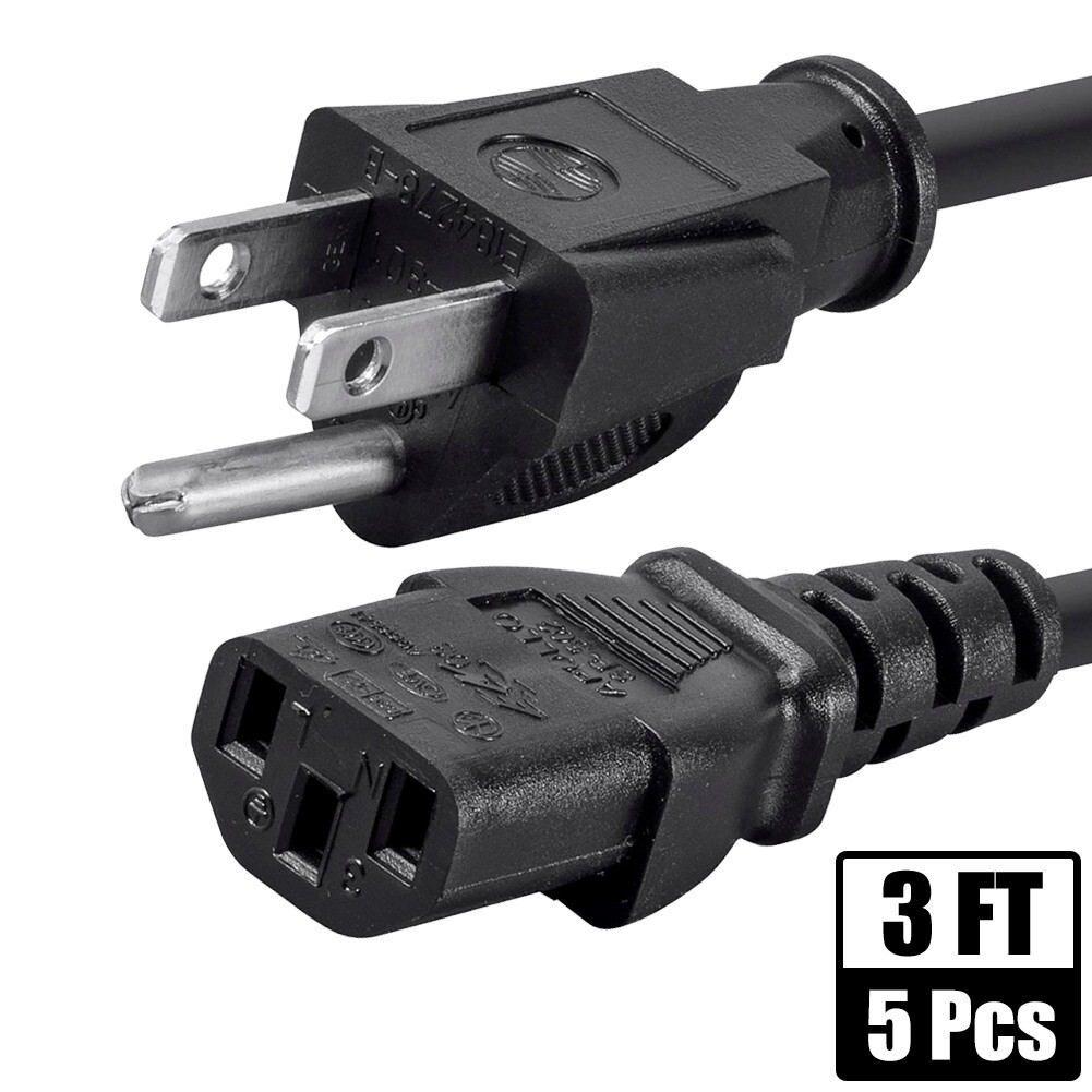 5x 3FT NEMA 5-15P to IEC320 C13 AC Power Cord Cable US 3-Prong 18AWG 10A 125V