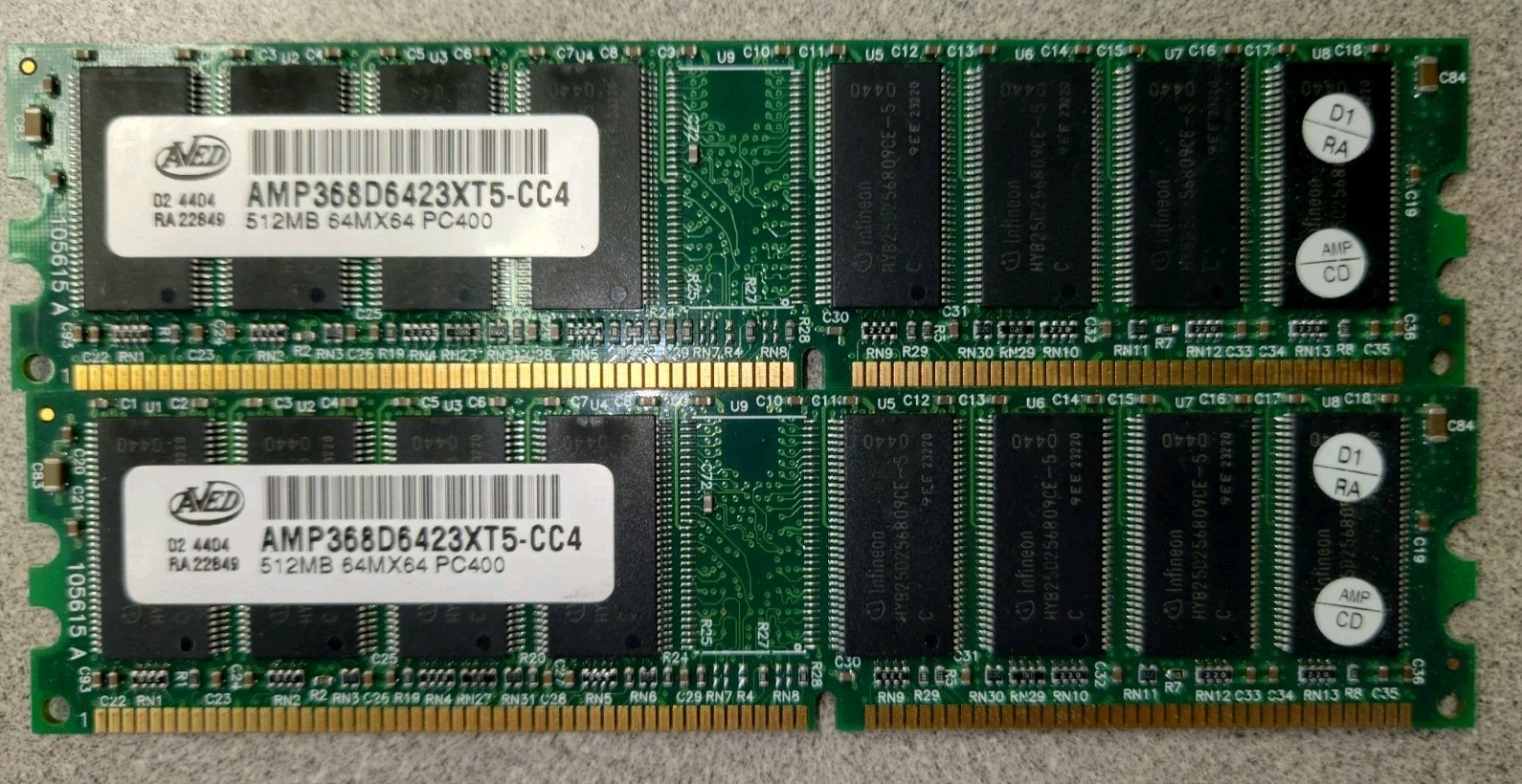 2X LOT - 512MB DDR PC400 400MHz RAM DESKTOP AMP368D6423XT5-CC4 Memory  VINTAGE